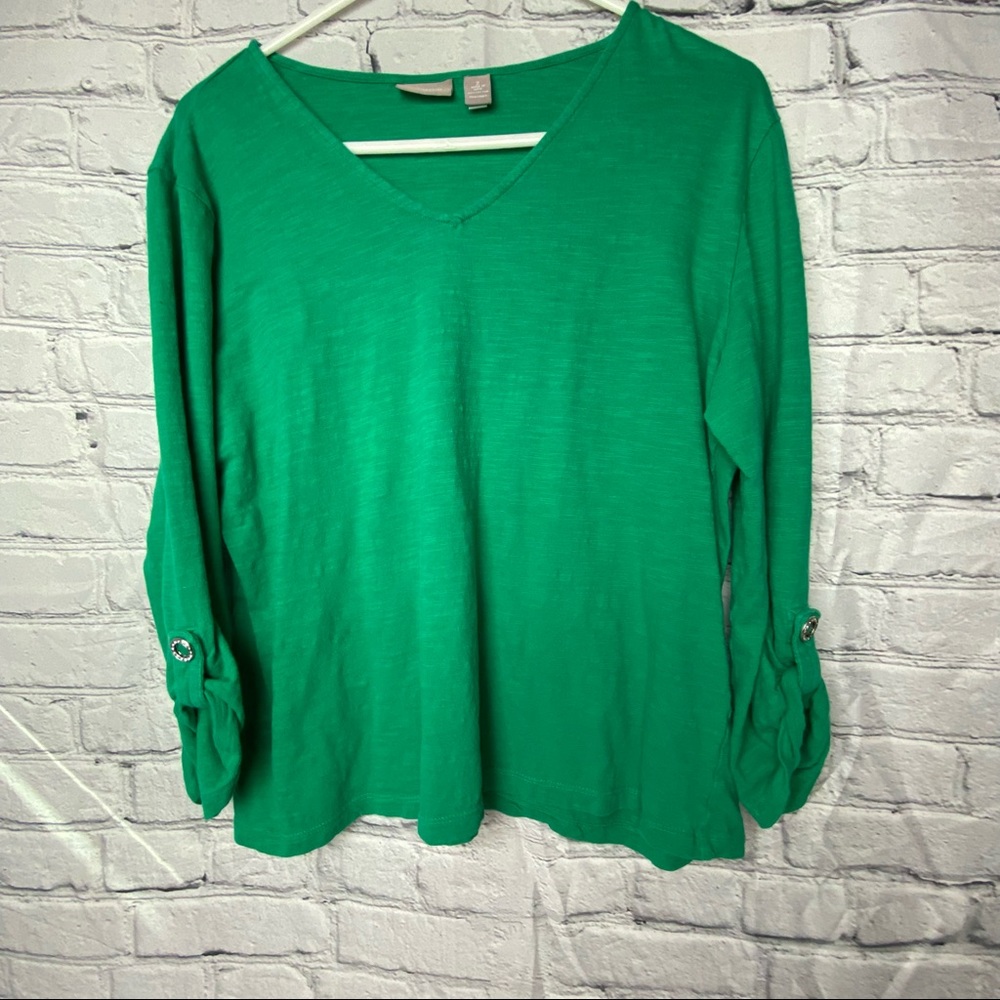 Chico’s size 2 Green too long sleeve or button short sleeve with snap button